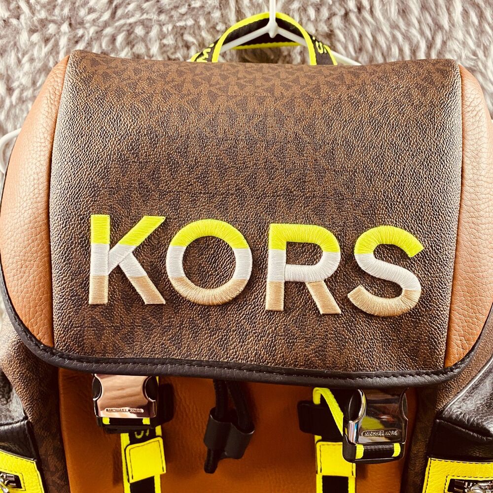 Michael Kors Cooper Two‑Tone Leather Travel Backpack Neon Trim Style 37H1LCOB2B - Picture 3 of 9